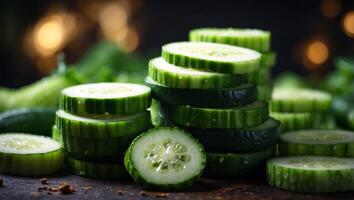 a pile of sliced cucumbers sitting on top of a pile of other cucumber slices on top of each other. photo