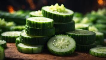 a pile of sliced cucumbers sitting on top of a pile of other cucumber slices on top of each other. photo