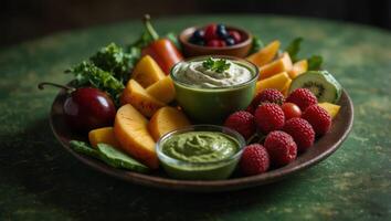 a plate of assorted fruits and vegetables on a green surface with a variety of dips and condiments. photo