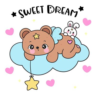 Cute teddy bear catch the star on cloud sweet dream fairy tales