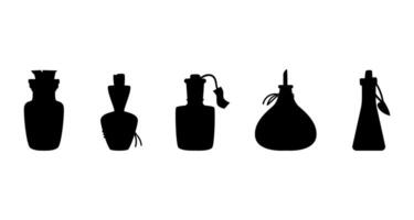 Potion and poison bottle black silhouette illustration set. Halloween decoration elements. vector