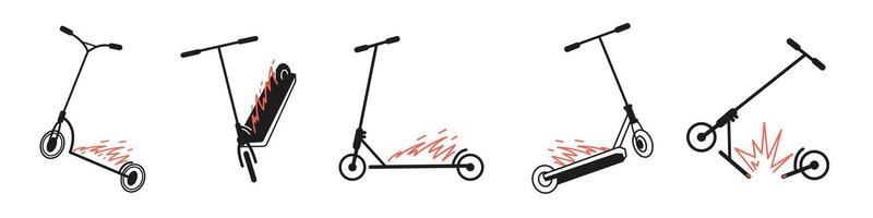Stunt scooter on fire in different positions line minimalistic illustrations set. vector