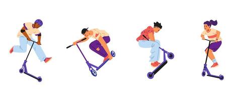 Teenagers making tricks on stunt scooter set of flat illustrations isolated on white. vector