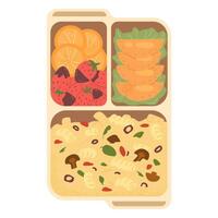 Lunch box or bento box with food illustration isolated on white. Pasta with mushrooms, strawberries in chocolate, orange slices and pies in food container. vector