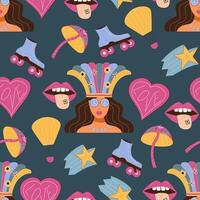 The 70s style seamless pattern with funky retro illustrations. vector