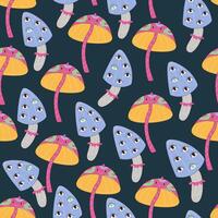 Psychedelic mushrooms with eyes cartoon flat seamless pattern in the 70s style. vector