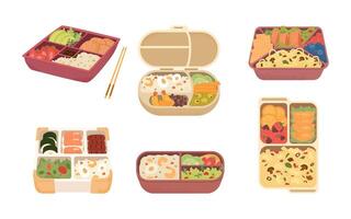 Bento boxes and lunch boxes with different food and snacks illustrations with textures set isolated on white. vector