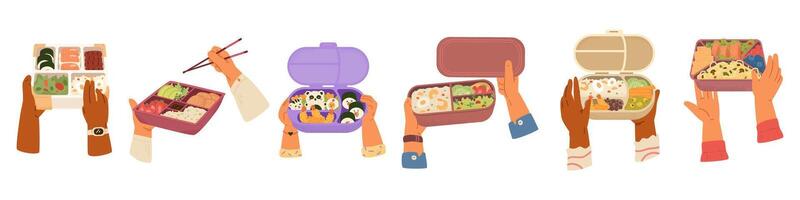Hands holding lunch boxes and bento boxes with different food and snacks flat illustrations set isolated on white. vector