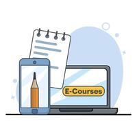Concept of mobile learning, e-learning and online course application. Education and back to school. Notebook, Hand Phone With Pencil Cartoon Icon Illustration. Education Concept. vector