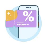 digital Voucher concept on smart phone screen. lucky bonus ticket, sale coupon graphic element for infographic, landing page, blank status app or web ui, icon, flat illustration design. vector