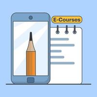 Concept of mobile learning, e-learning and online course application. Education and back to school. Notebook, Hand Phone With Pencil Cartoon Icon Illustration. Education Concept. vector
