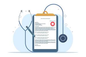 Health checkup concept, clipboard with stethoscope, health checkup form report, medical record, health checkup metaphor concept. simple and modern style. flat illustration on background. vector