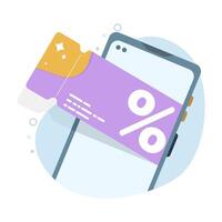 digital Voucher concept on smart phone screen. lucky bonus ticket, sale coupon graphic element for infographic, landing page, blank status app or web ui, icon, flat illustration design. vector