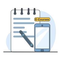 Concept of mobile learning, e-learning and online course application. Education and back to school. Notebook, Hand Phone With Pencil Cartoon Icon Illustration. Education Concept. vector