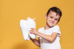 A smiling boy with healthy teeth holds a plush tooth in his hands on isolated background. Oral hygiene. Pediatric dentistry. Prevention of caries. A place for your text. photo