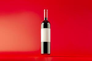 Flying red wine Bottle Mockup with Blank Label. Presentation of glass bottle with natural red wine with empty white label against red background with shadow. Template, branding photo