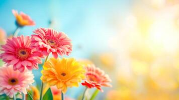 Spring flower background with colorful gerberas on clear blue sky background with sunny light. Springtime. Natural blossoming holiday background. Copy space photo