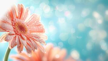 Spring flower background with single tender pink gerbera flower on blurred colorful background with bokeh and sunny light. Springtime. Natural blossoming holiday background. Copy space photo