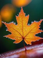 macro close up of a drop of water on a maple leaf in sunset light photo