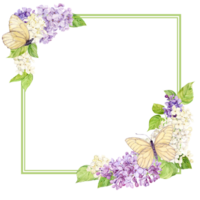 Romantic square frame made of lilac with white butterflies. Card for Mother's Day, Valentine's Day, wedding. Save the date. Template with place for text from spring flowers on a transparent background png
