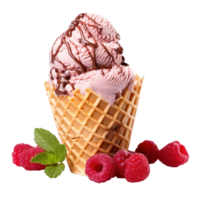 Raspberry Ice Cream Cone With Chocolate Drizzle And Fresh Berries On Isolated Background. png