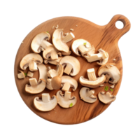 Top View Of Chopped Mushrooms On Round Wooden Board On Isolated Background. png