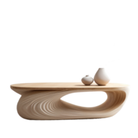 Modern Wooden Table With Curved Base And Minimalist Vases On Isolated Background. png