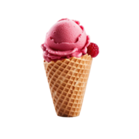 Raspberry Sorbet Ice Cream In Waffle Cone With Fresh Raspberry On Isolated Background. png