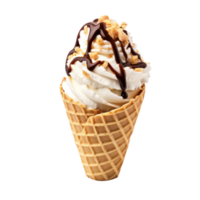 Vanilla Ice Cream Cone With Chocolate Drizzle And Nuts On Isolated Background. png