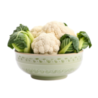 Cauliflower Heads and Leaves in Patterned Bowl on Isolated Background. png