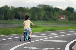 Back side view of asian baby girl child learning to ride bicycle in the park garden. Education concept for kid practiice cycling at park, baby sport concept. photo