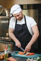 Chef cook preparing vegetables in his kitchen photo