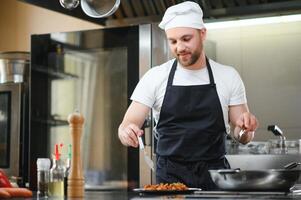 Chef cook in uniform cooking in the big cooker at the restaurant kitchen photo