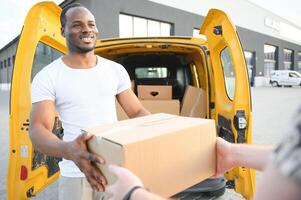 Express Delivery Service. Courier Delivering Package to man Delivery service, delivery home and shipping photo