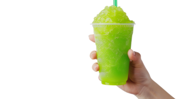 Hand holding green slushie cup on the transparent background, Format png