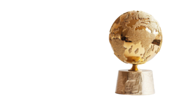 Trophy resembling a globe, captured in a forced perspective shot on the transparent background, Format png