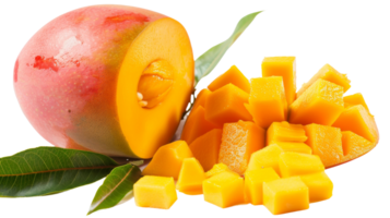 Mango, half of a mango with cubes and leaves on the transparent background, Format png