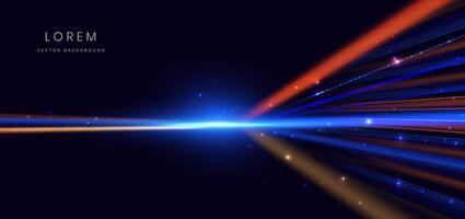 Abstract technology futuristic neon geometric glowing blue and red light lines with speed motion blur effect on dark blue background. vector