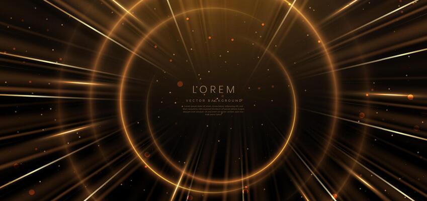 Abstract luxury golden circles lines overlapping on dark brown background with lighting effect and sprkle.