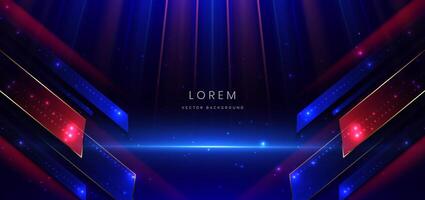 Abstract technology futuristic neon geometric glowing blue and red light lines with speed motion blur effect on dark blue background. vector