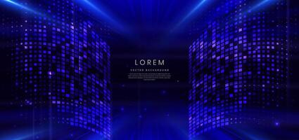 Abstract technology futuristic digital concept square pattern with lighting glowing particles square elements on dark blue background. vector