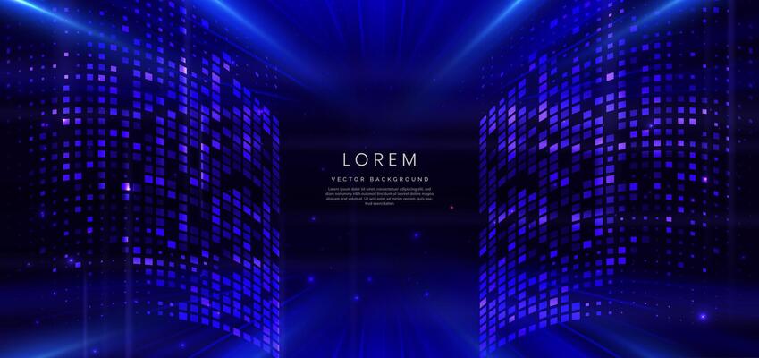 Abstract technology futuristic digital concept square pattern with lighting glowing particles square elements on dark blue background.