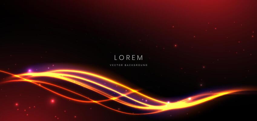 Abstract technology futuristic curved glowing neon red and yellow light ray on dark red background with lighting effect.