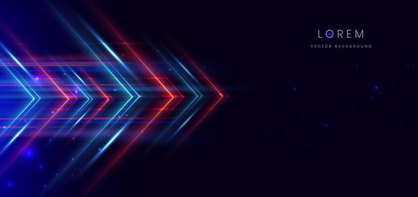 Abstract technology futuristic glowing neon triangles blue and red light lines with speed motion moving on dark blue background.