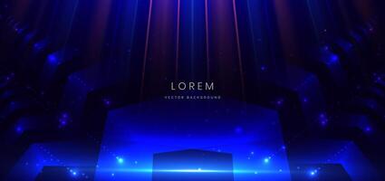 Abstract technology futuristic neon geometric glowing blue and red light lines with speed motion blur effect on dark blue background. vector
