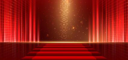 Elegant red stage with gold diagonal glowing lighting effect and sparkle. Template premium award design. vector