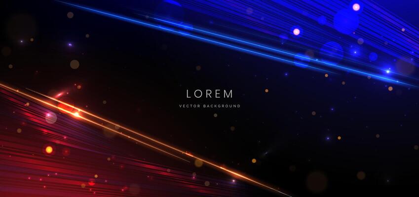 Abstract technology futuristic neon neon glowing blue and pink light lines with speed motion blur effect on dark blue background.