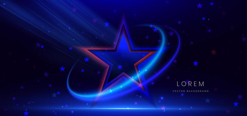 Abstract star glowing blue and red light lines with speed motion blur effect on dark blue background.