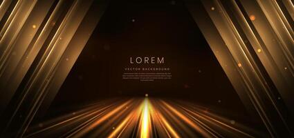 Abstract luxury golden triangles lighting effect glowing on dark brown background and sparkle. vector