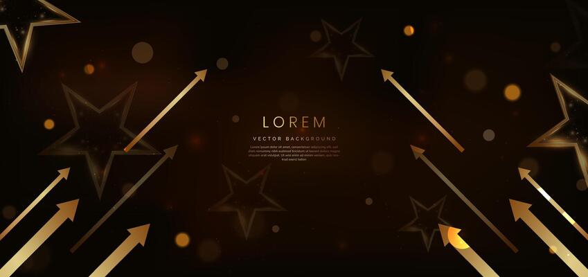 Golden star and arrow on dark brown background with lighting effect and sparkle. Luxury template celebration award design.